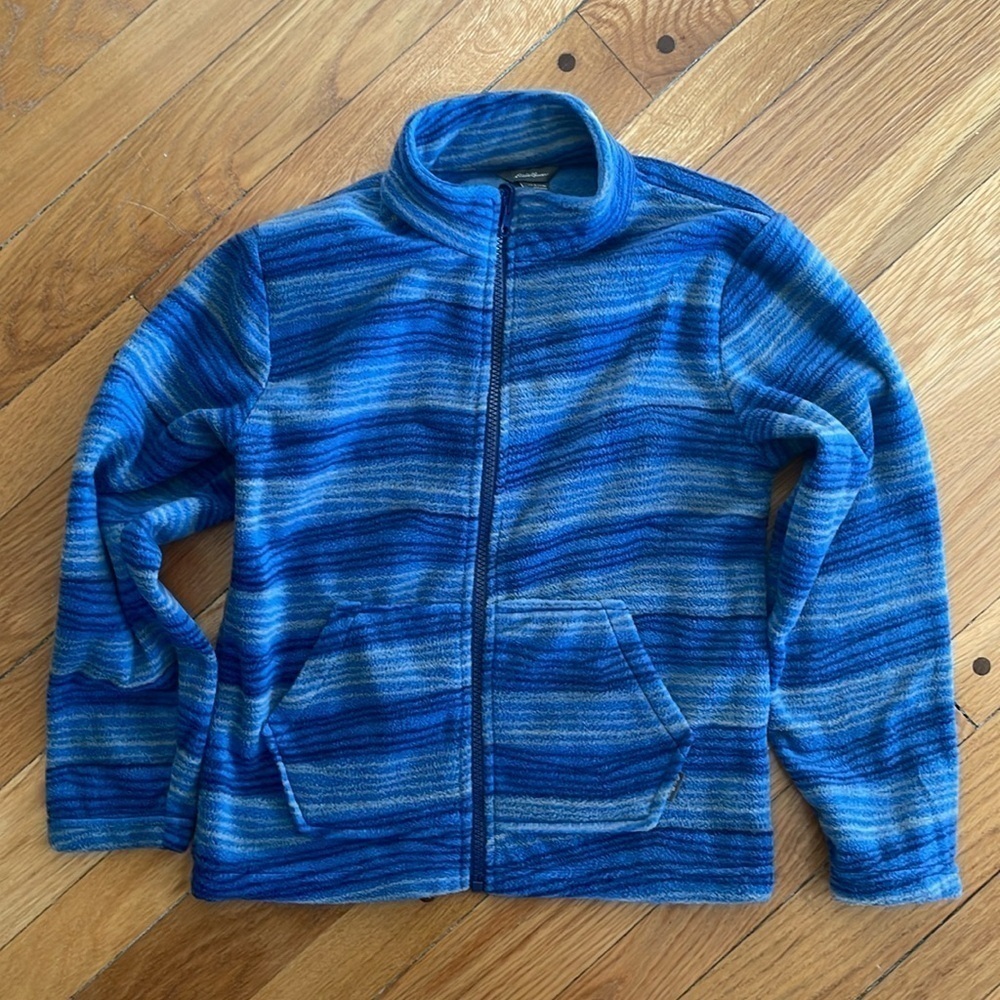 Eddie Bauer Boys S 7 8 Blue Striped Fleece Full Zipper Jacket Hand Pockets